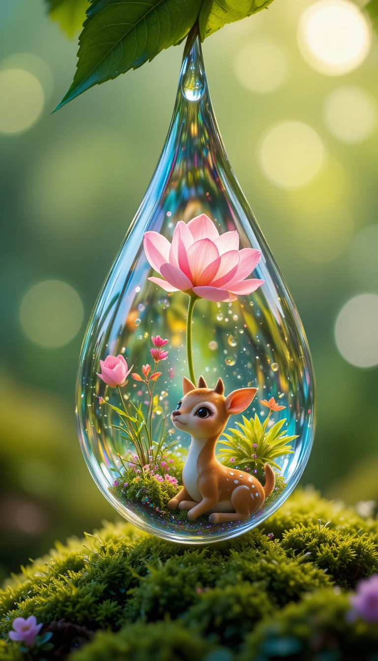 Macro close up of a tiny deer in a floral water droplet