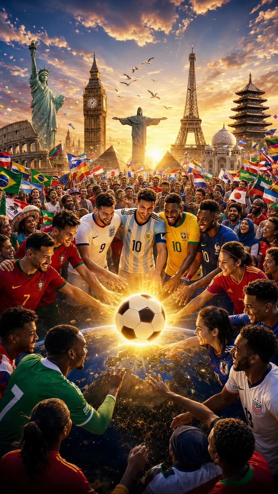 Global soccer players united around a glowing world ball