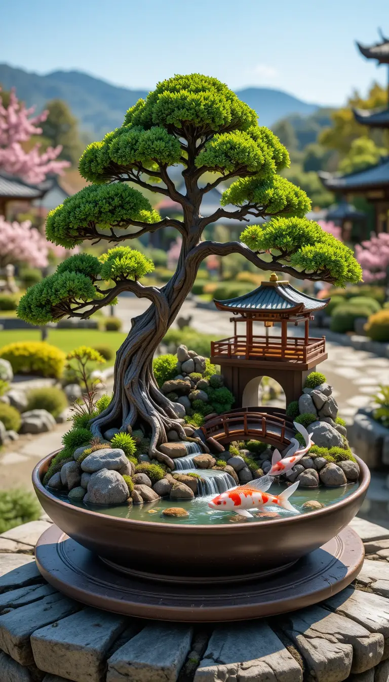 Miniature bonsai landscape with pagoda and koi pond