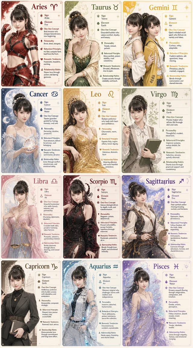 Zodiac character chart with twelve unique astrological designs