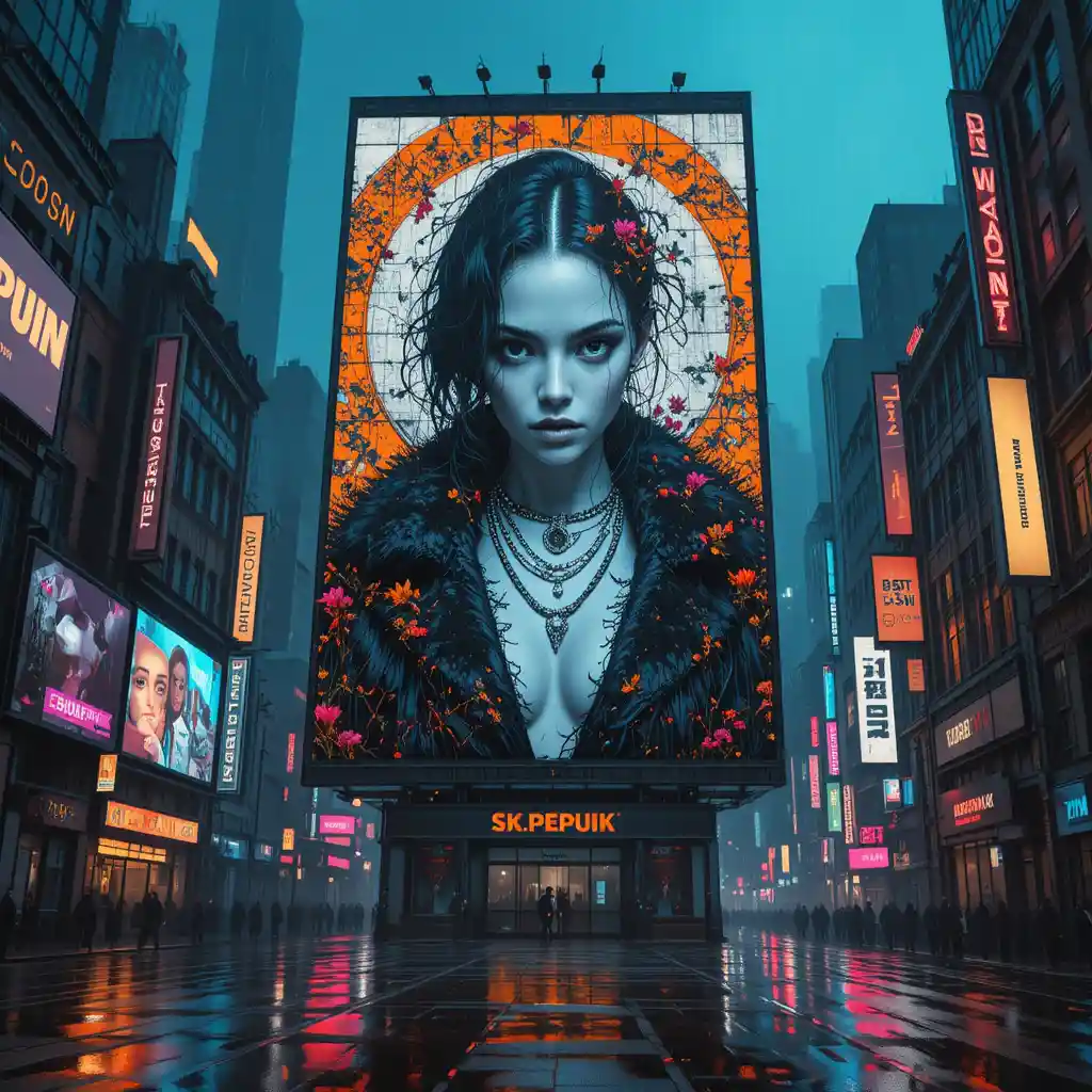 Cyberpunk Fashion Portrait On Neon City Billboard