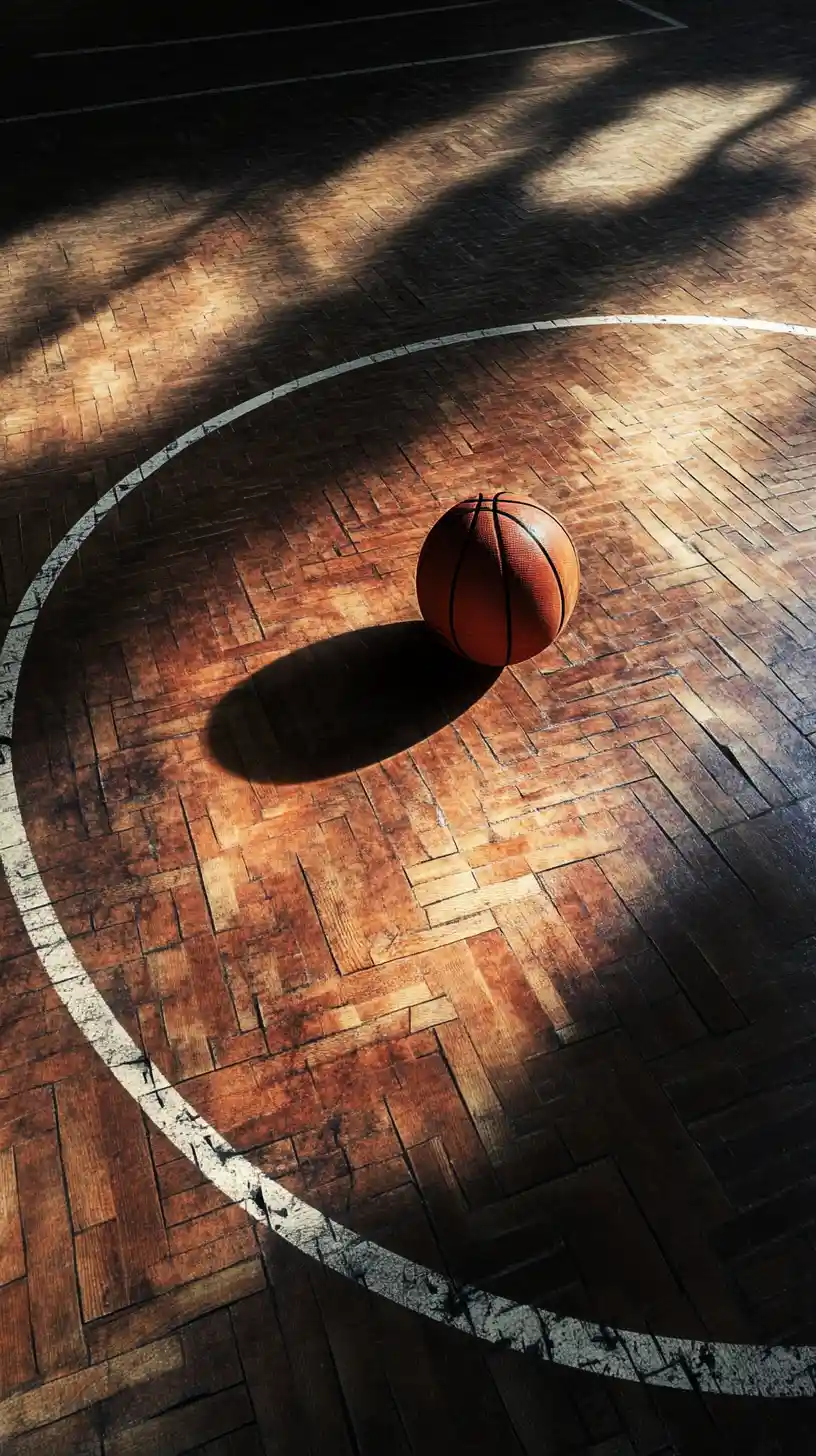 Basketball On Court With Distorted Lines And Wood Floor