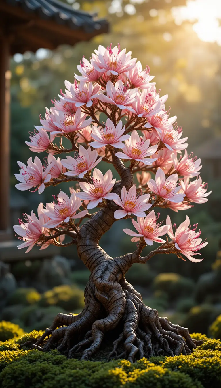 Macro Bonsai Tree With Pink Blossoms In Japanese Garden