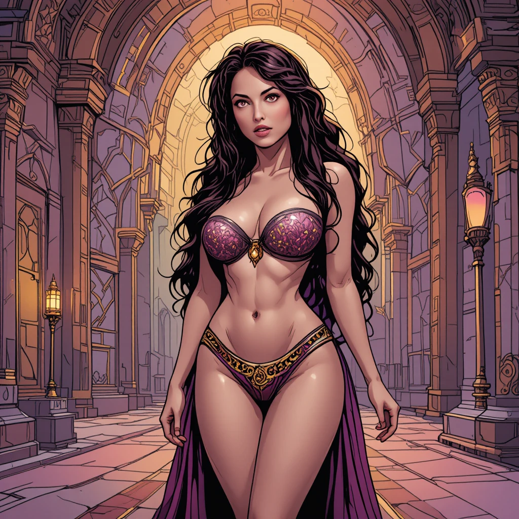 Femme de harem aux courbes généreuses en lingerie dans un palais arabe orné