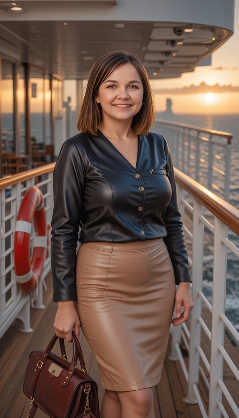 Confident mature woman on cruise ship at warm sunset