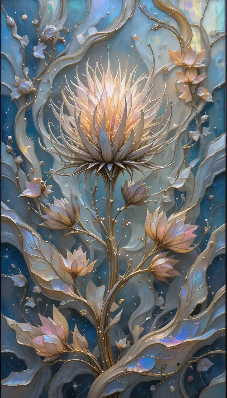 Glowing thistle with carved leaves in fluid pastel glass
