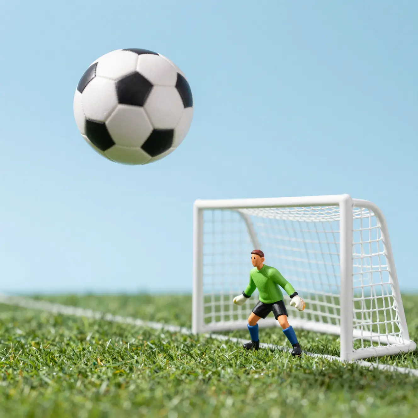 Miniature soccer ball flying toward goal with tiny goalkeeper
