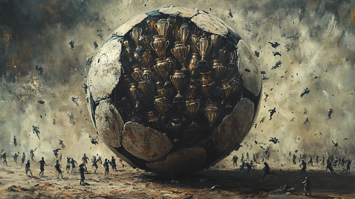 Cracked Soccer Ball Overflowing With Repeating Trophy Forms