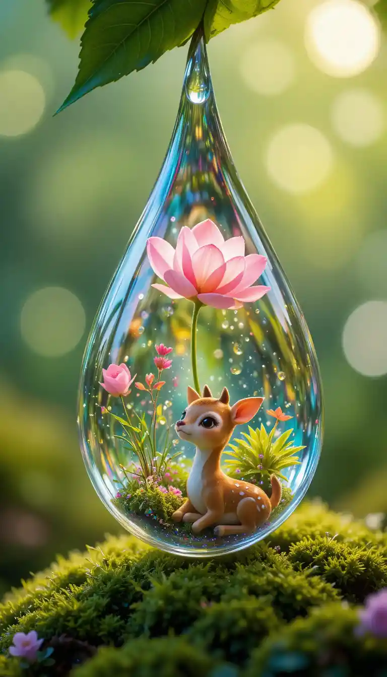 Macro close up of a tiny deer in a floral water droplet