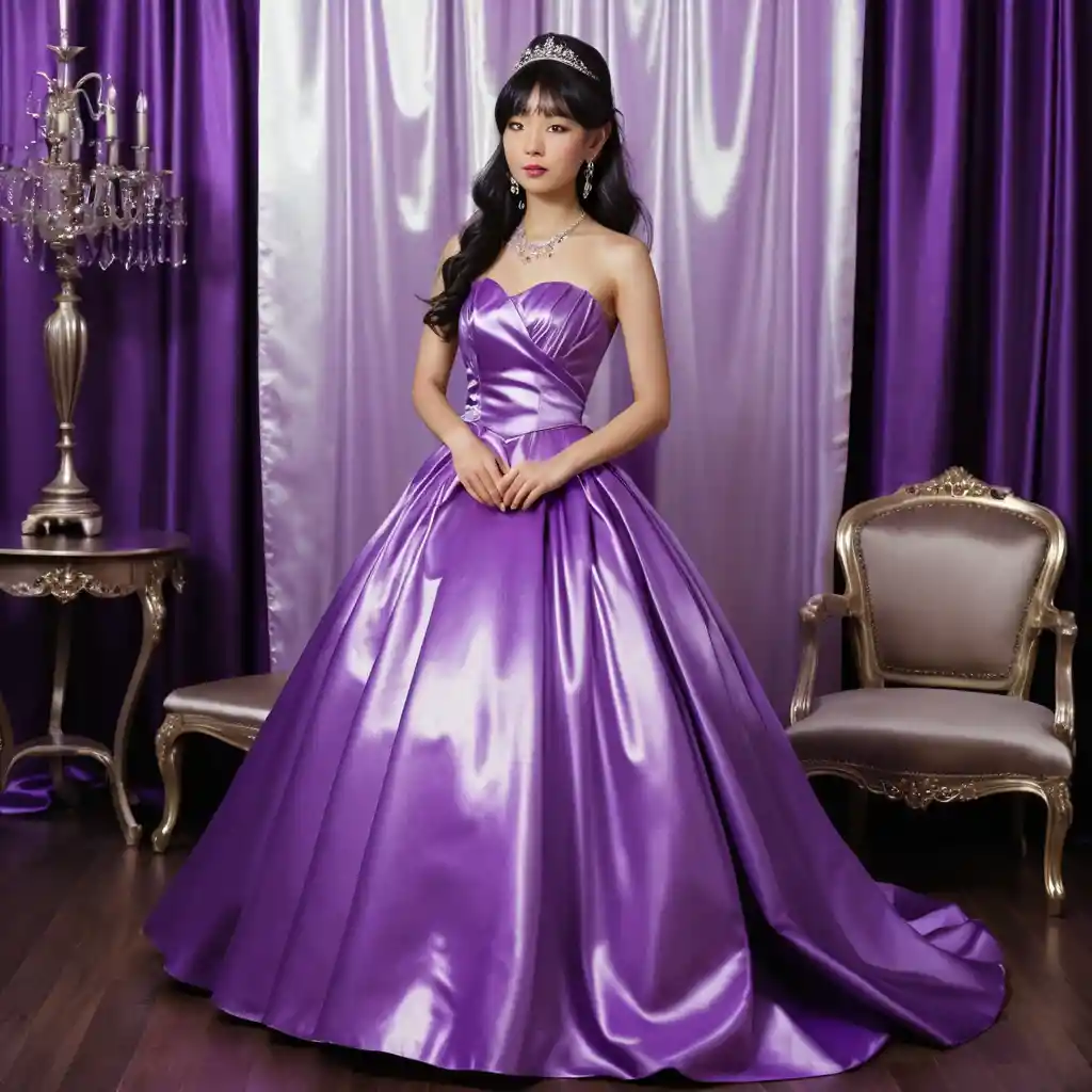 Young Japanese woman in a bright purple satin ballgown