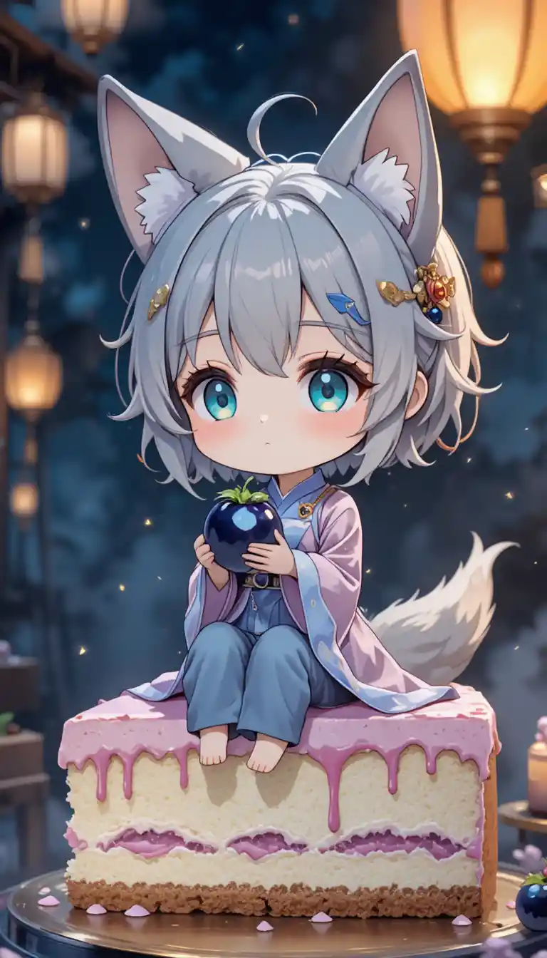 Tiny chibi fox girl on a giant cake at night