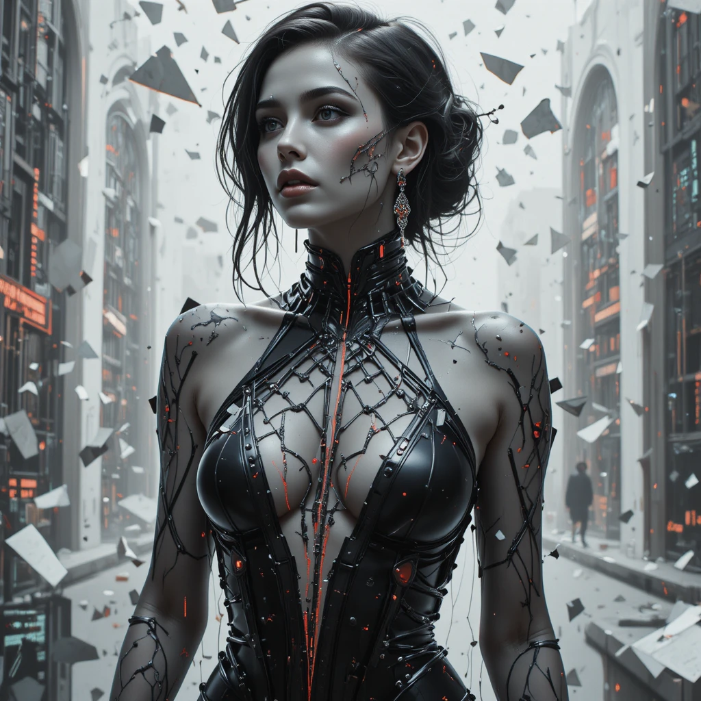 Heroína cyberpunk em ruínas digitais com glitch em close