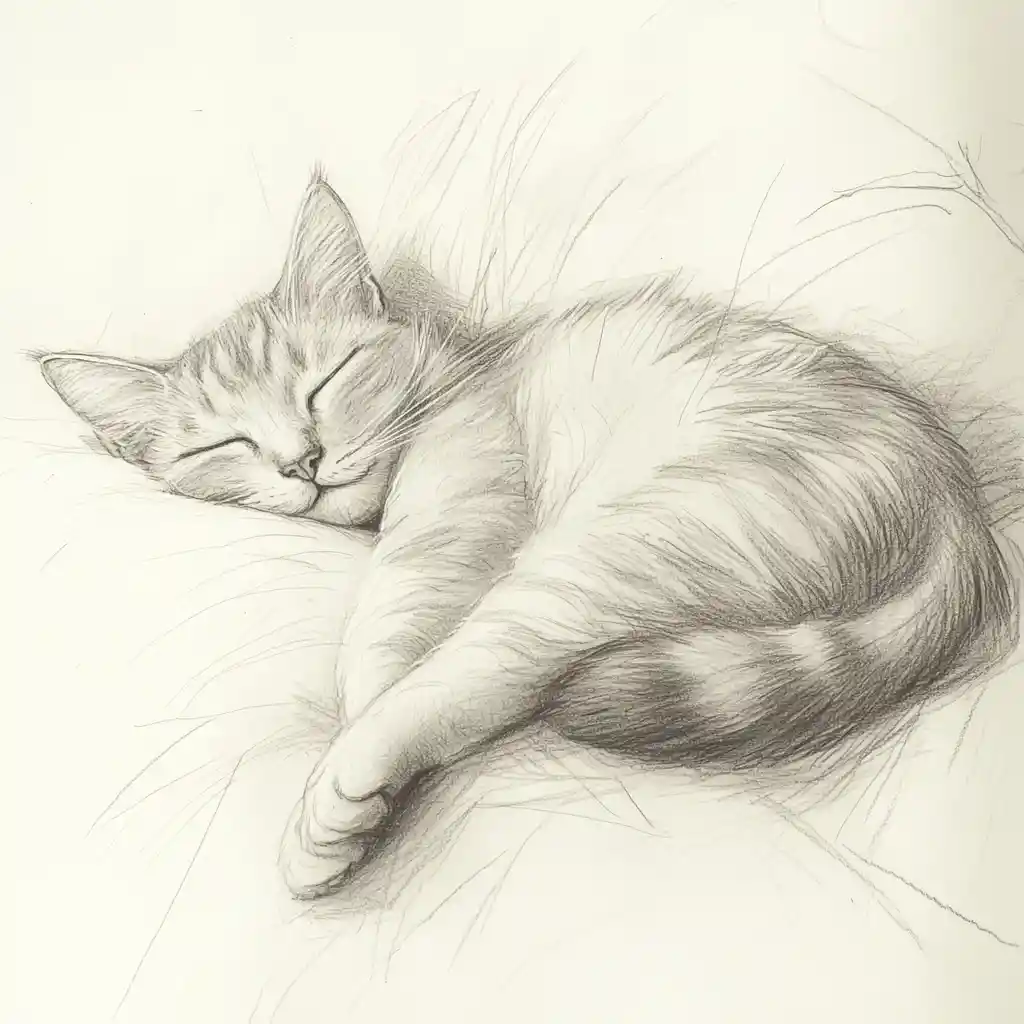 Relaxed pencil sketch of a stretched domestic cat