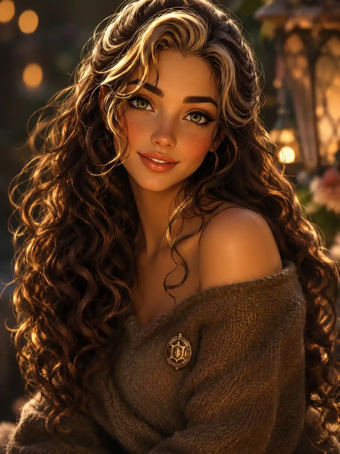Fantasy woman portrait with hazel eyes and curly hair
