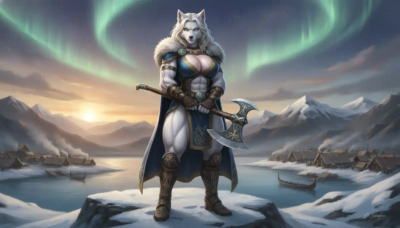 Viking wolf queen warrior with royal armor and battle axe