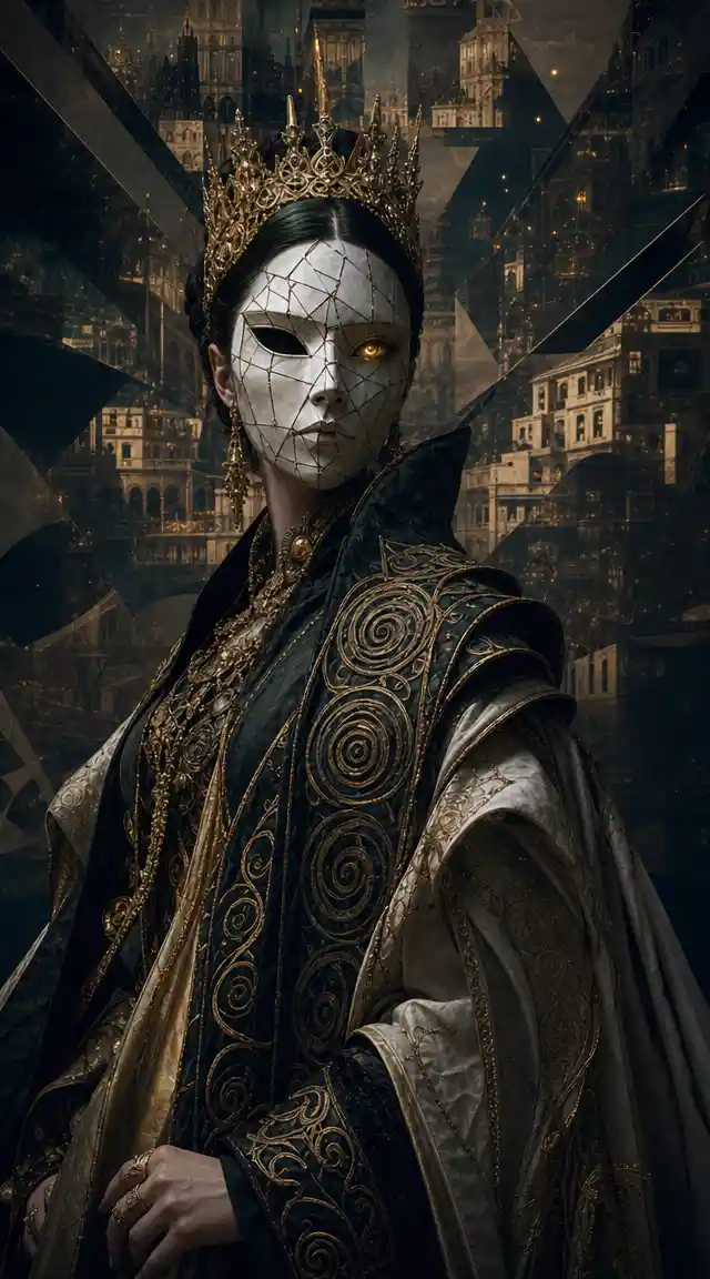 Fantasy queen in porcelain mask with glowing eye