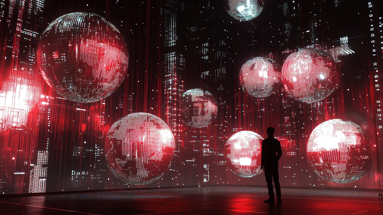 Surreal Spheres Of Data Floating In A Mirrored Red Room