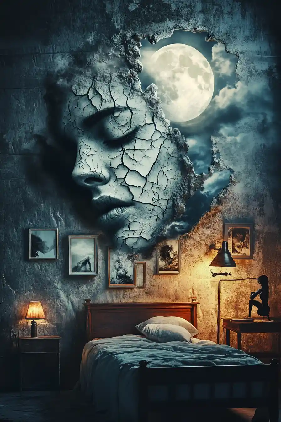 Camera da letto surreale con volto colossale crepato sopra una piccola figura