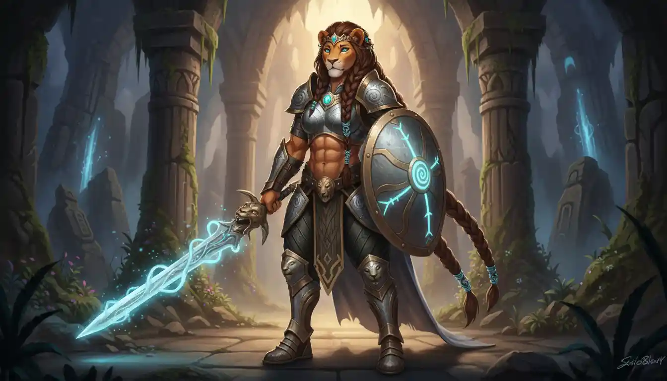 Lion anthro warrior queen with sword and shield
