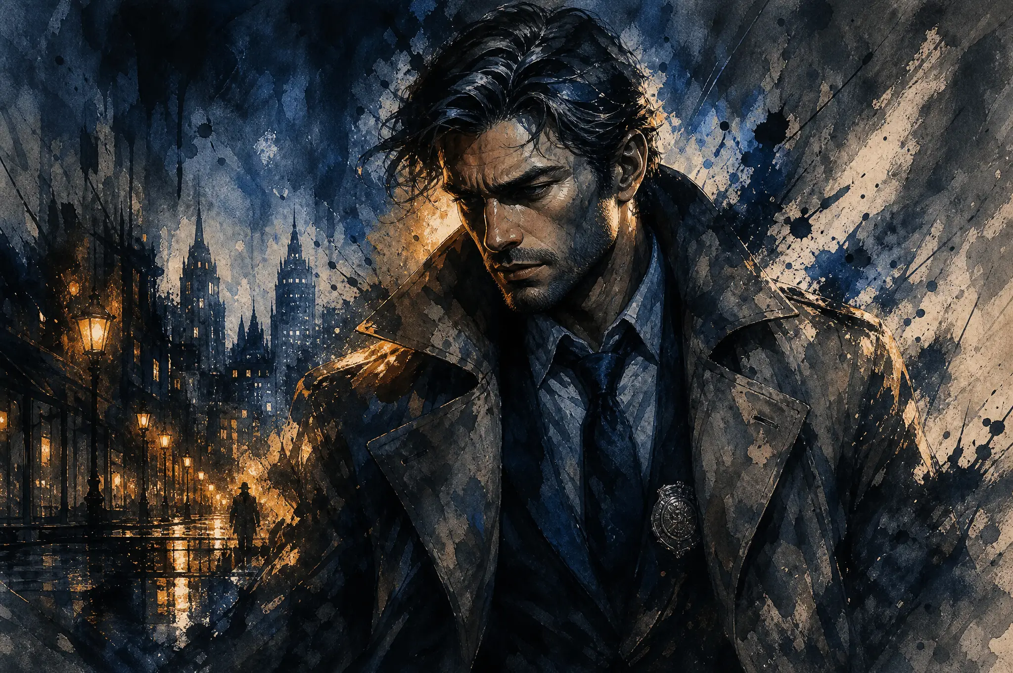 Colorful digital portrait of a mysterious detective in light and shadow