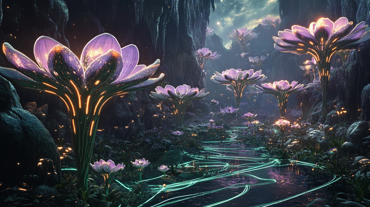Alien garden of glowing neural flowers in darkness