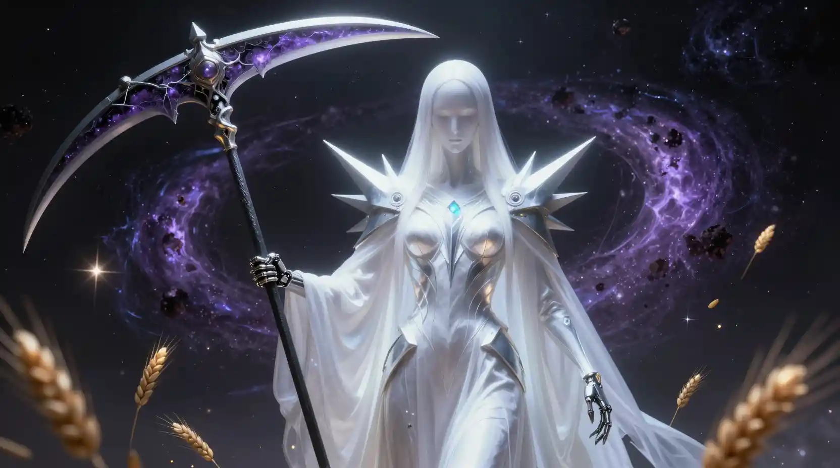 Cosmic goddess of Virgo wielding a galactic scythe