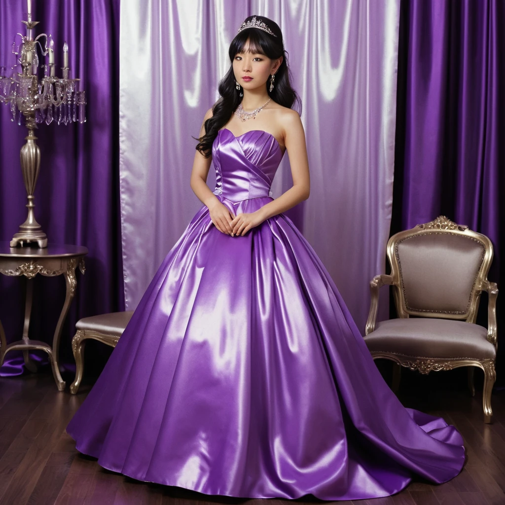 Young Japanese woman in a bright purple satin ballgown