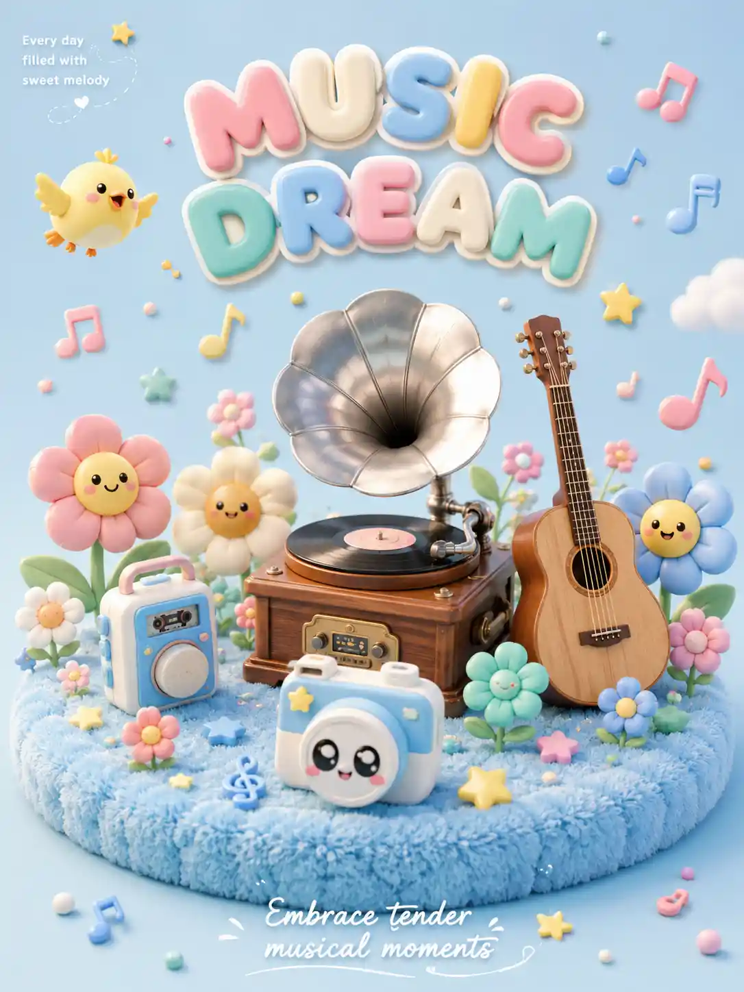 Whimsical 3D music display with pastel flowers and bird