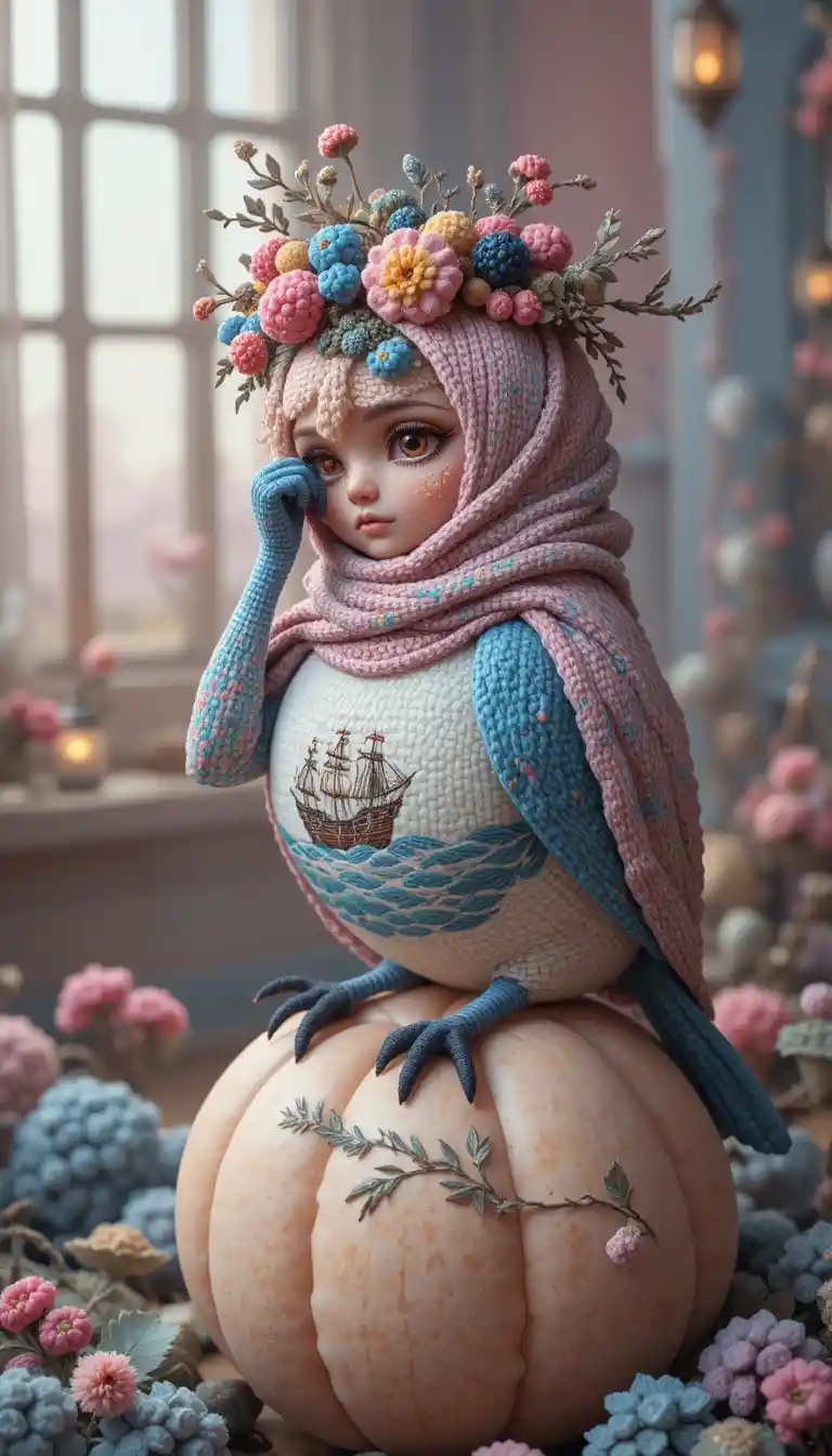 Surreal pastel bird with barge sea and floating ball