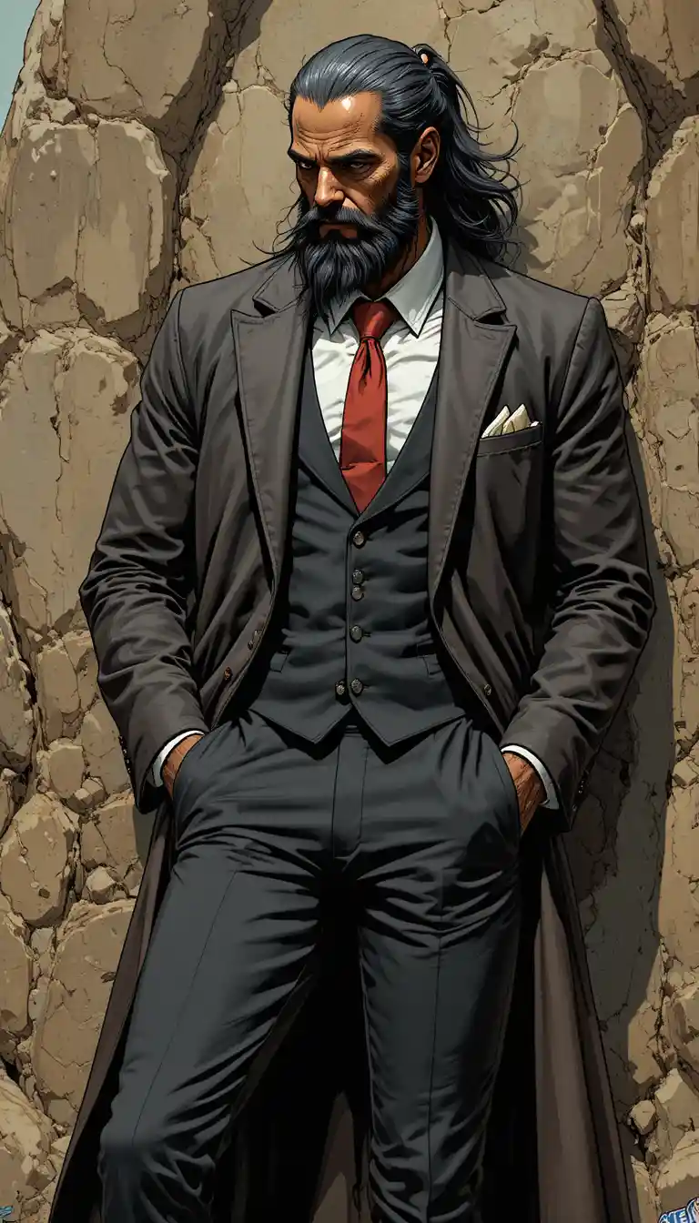 Stern bearded alien in suit and trench coat