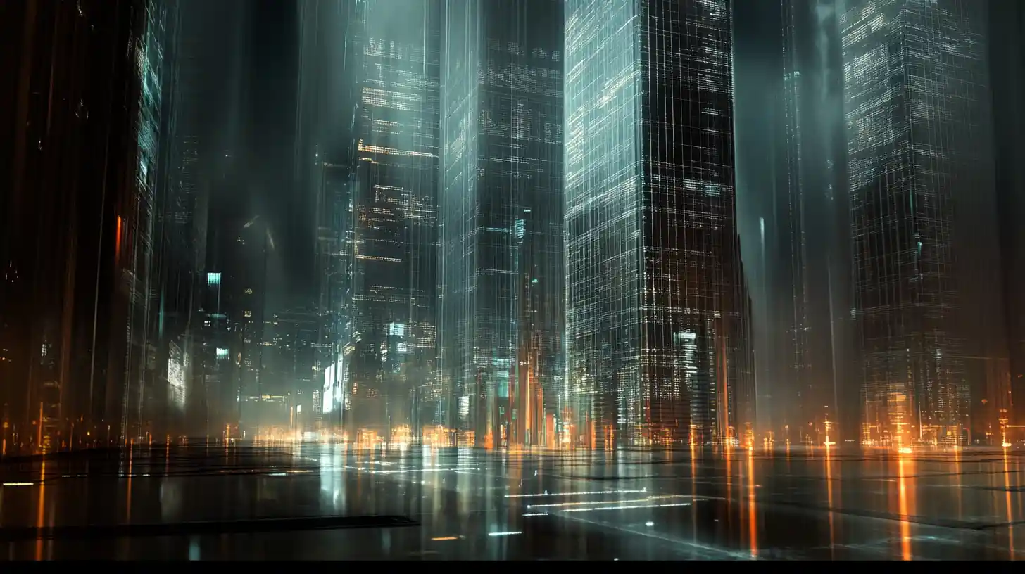 Futuristic cityscape of rigid petal like towers and corridors