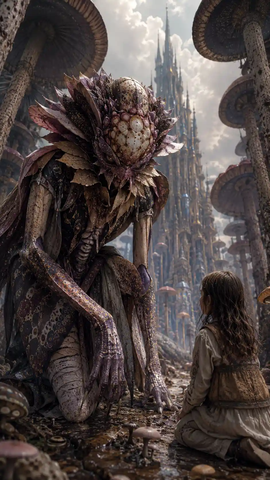 Humanoid petal faced creature kneeling before a small child