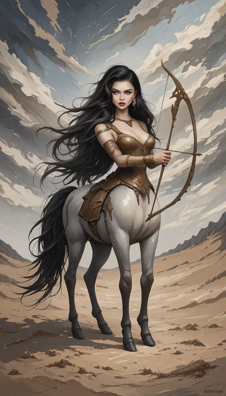 Armed centaur woman aiming a bow on barren sandy ground