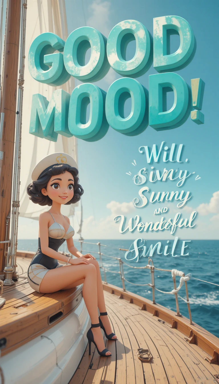 Smiling doll like girl on yacht in sunny morning