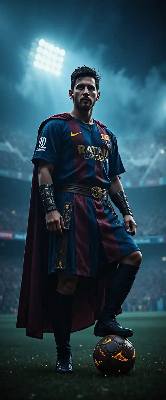Mythical football king posing in a foggy stadium