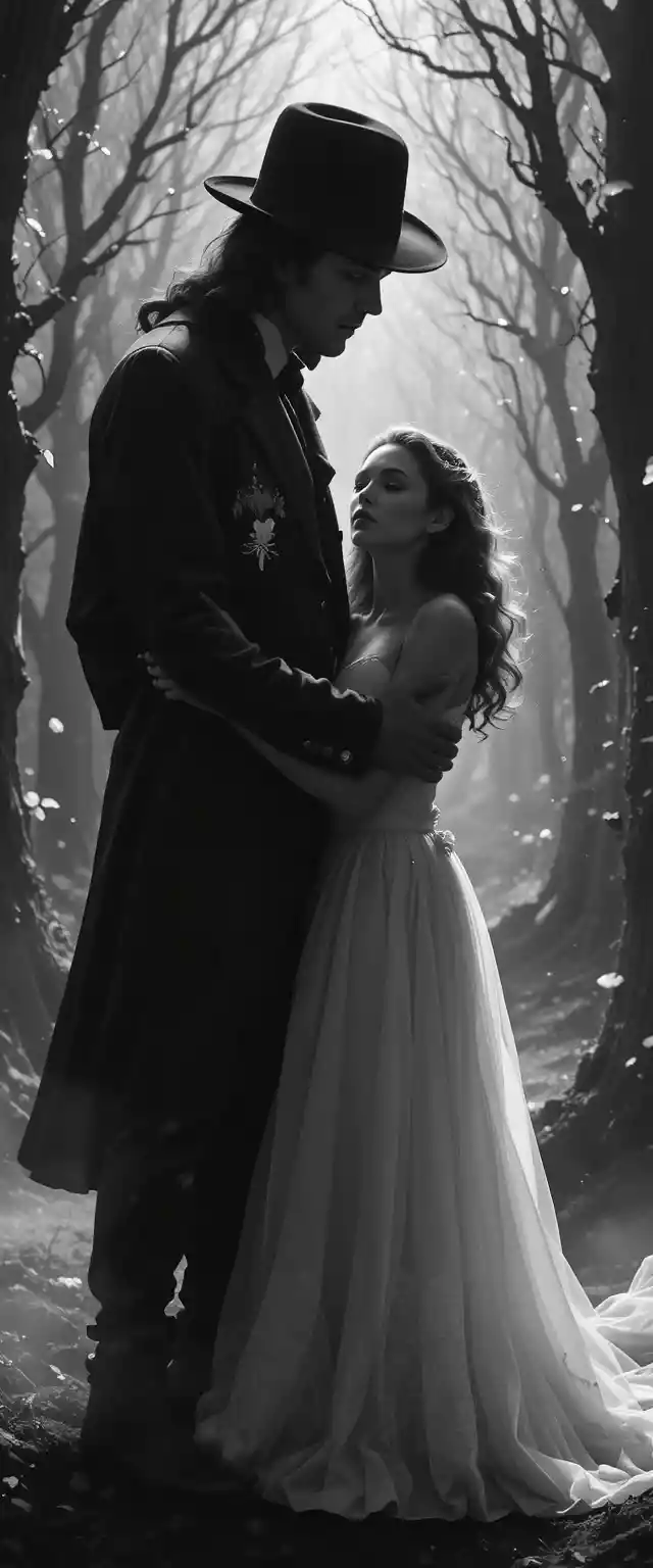 Private detective holding a woman in a noir studio scene