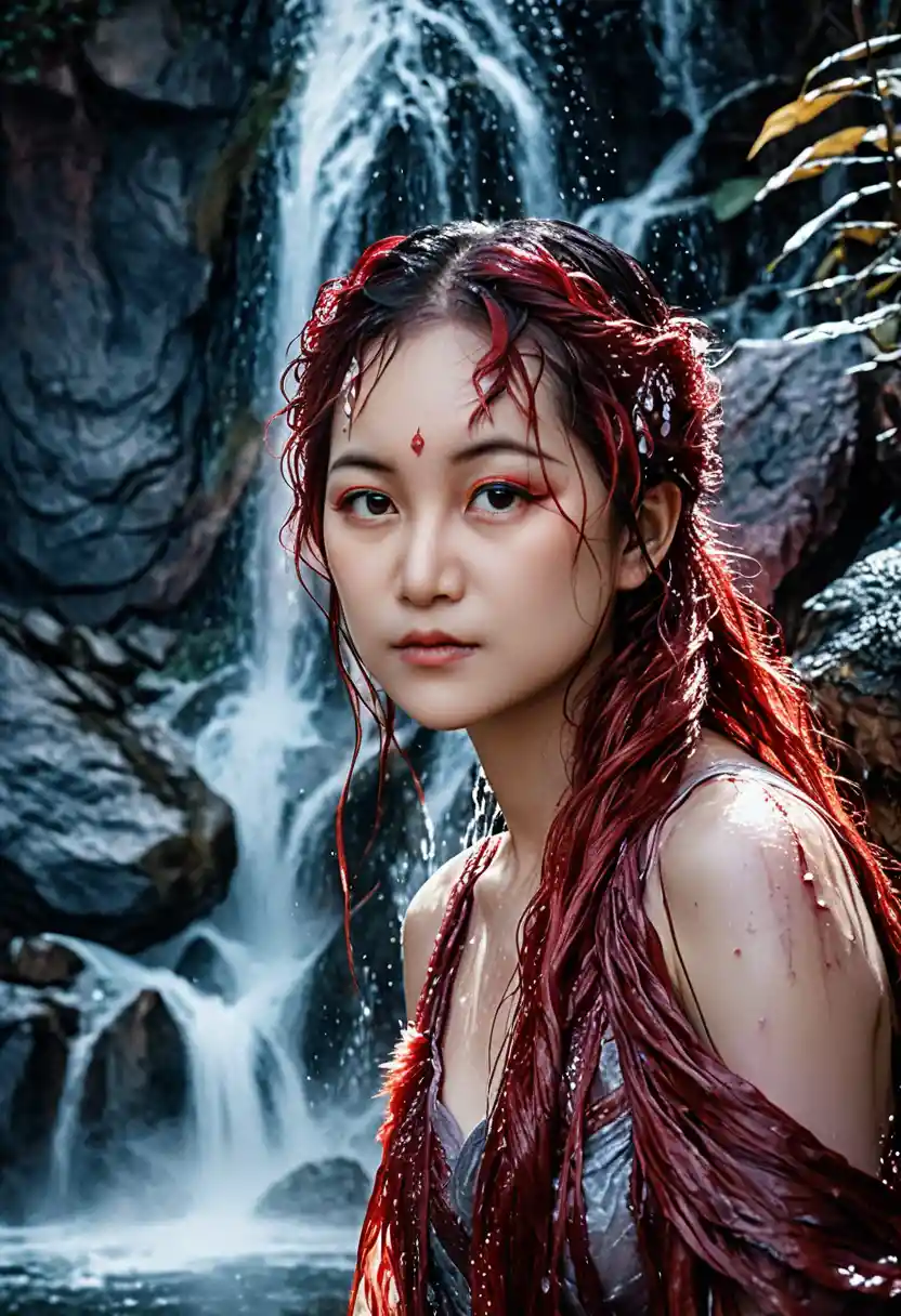 Red kitsune woman standing under a misty waterfall