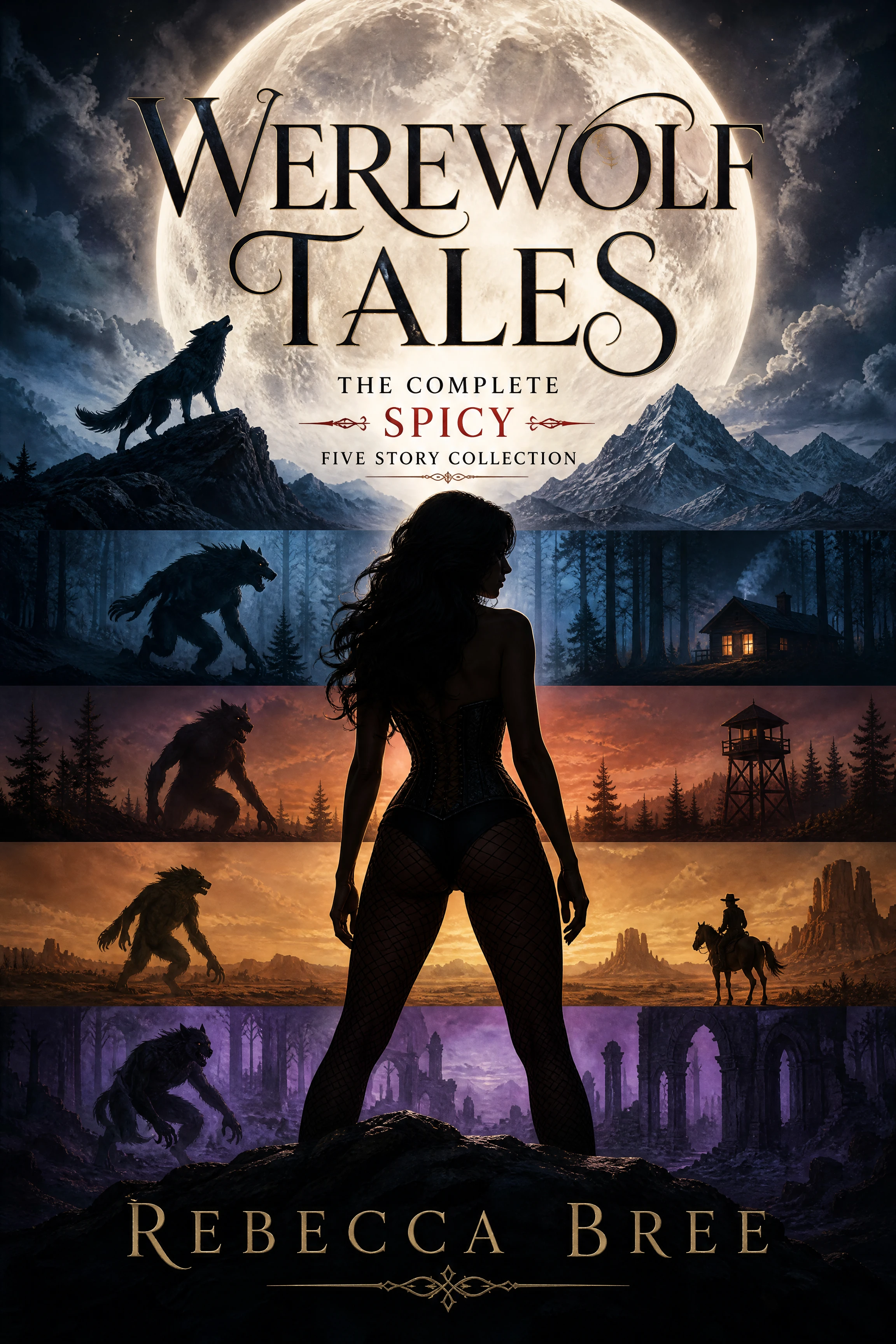 Werewolf moonlit anthology cover with towering female silhouette