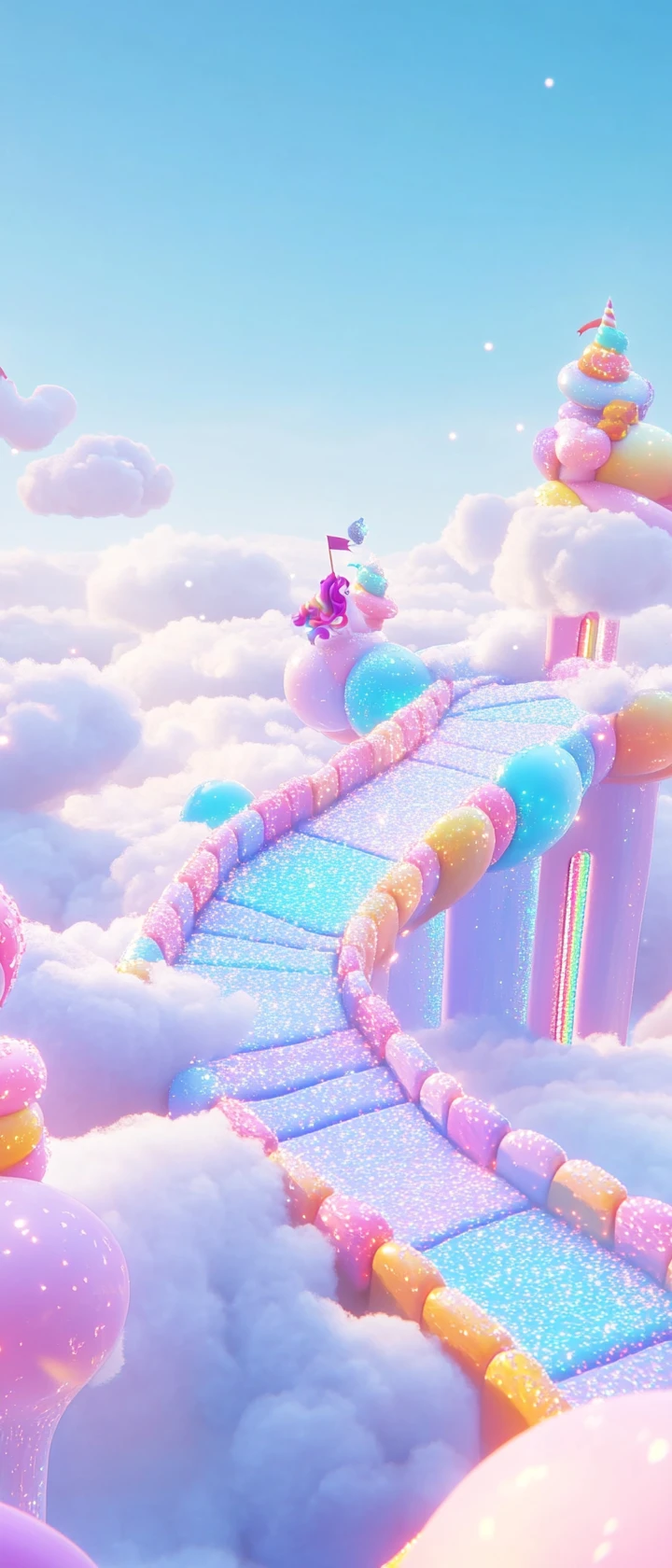 Unicorn Crossing A Floating Rainbow Candy Racetrack