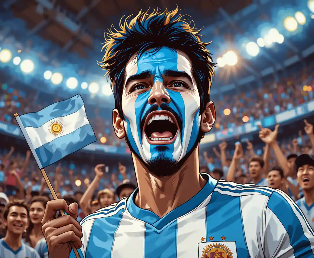 Argentinian football fan portrait under bright stadium lights