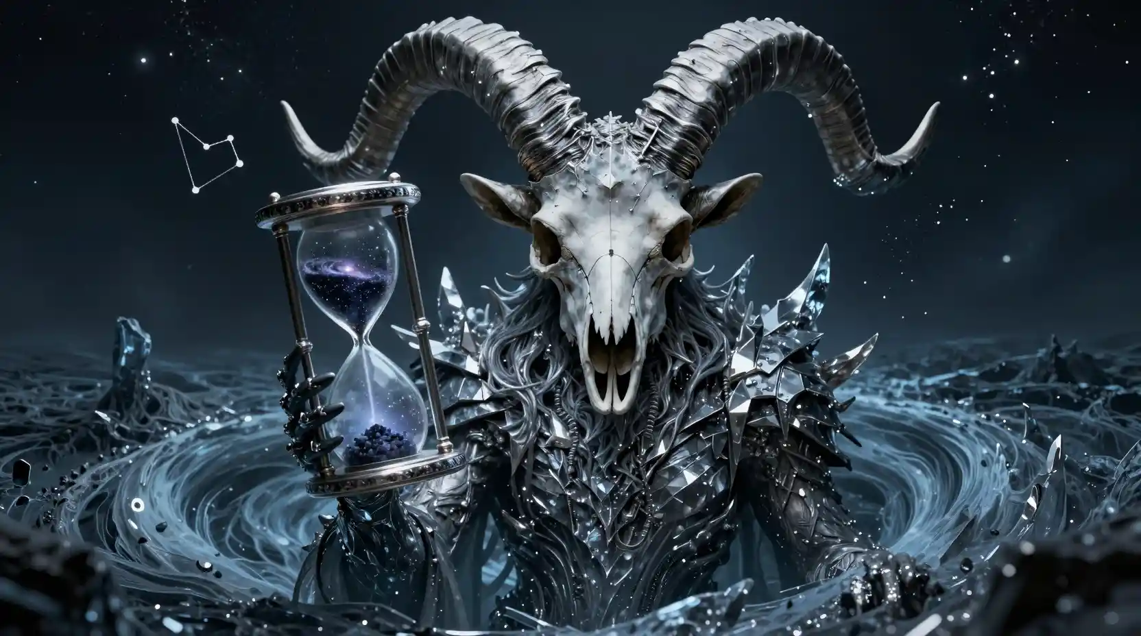 Surreal portrait of a cosmic Capricorn overlord in space