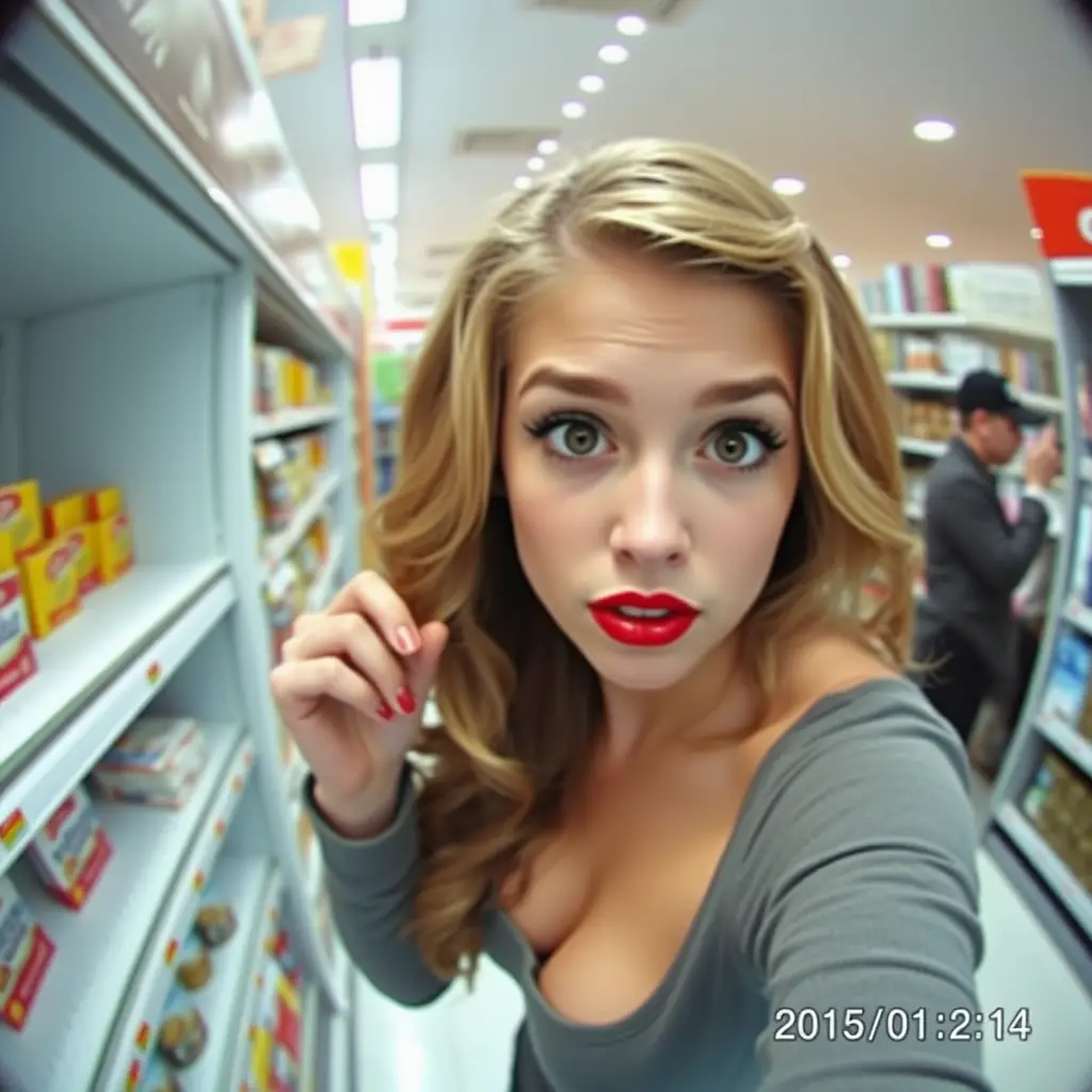 Young woman on store surveillance camera wide shot