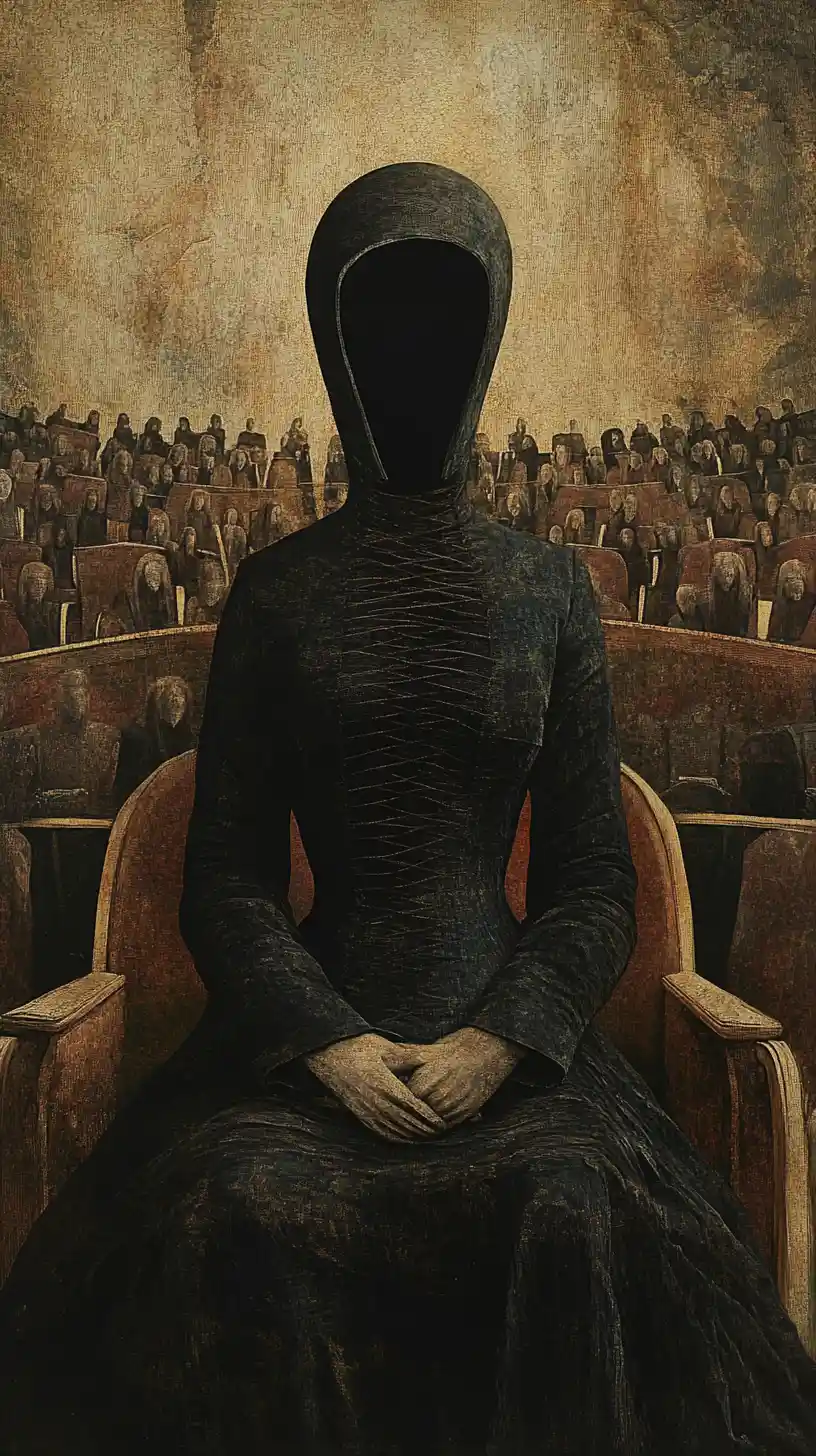 Figura oscura che si apre su un teatro interiore simmetrico