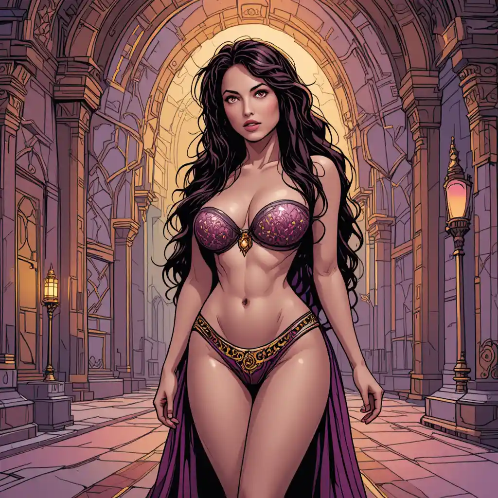 Curvy harem woman in lingerie inside ornate arabian palace