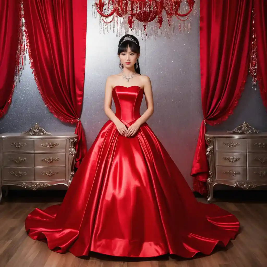 Elegant Japanese woman in scarlet satin ballgown standing indoors