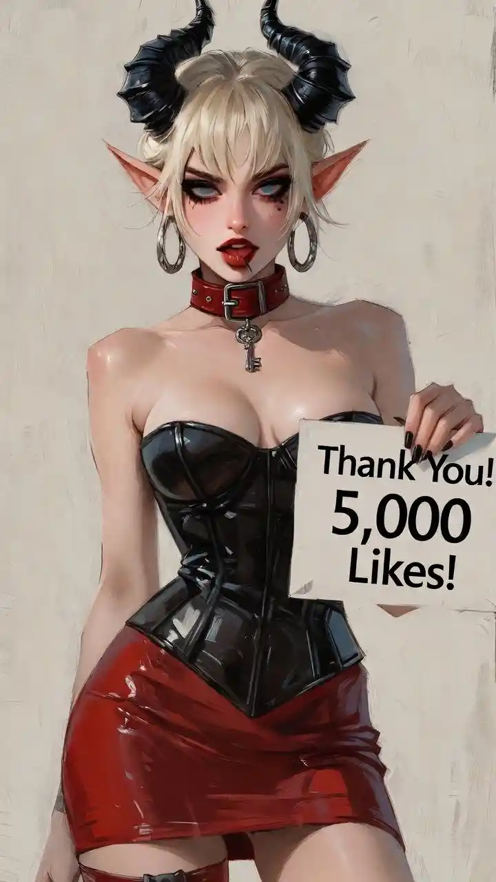 Seductive tiefling woman in red latex outfit posing