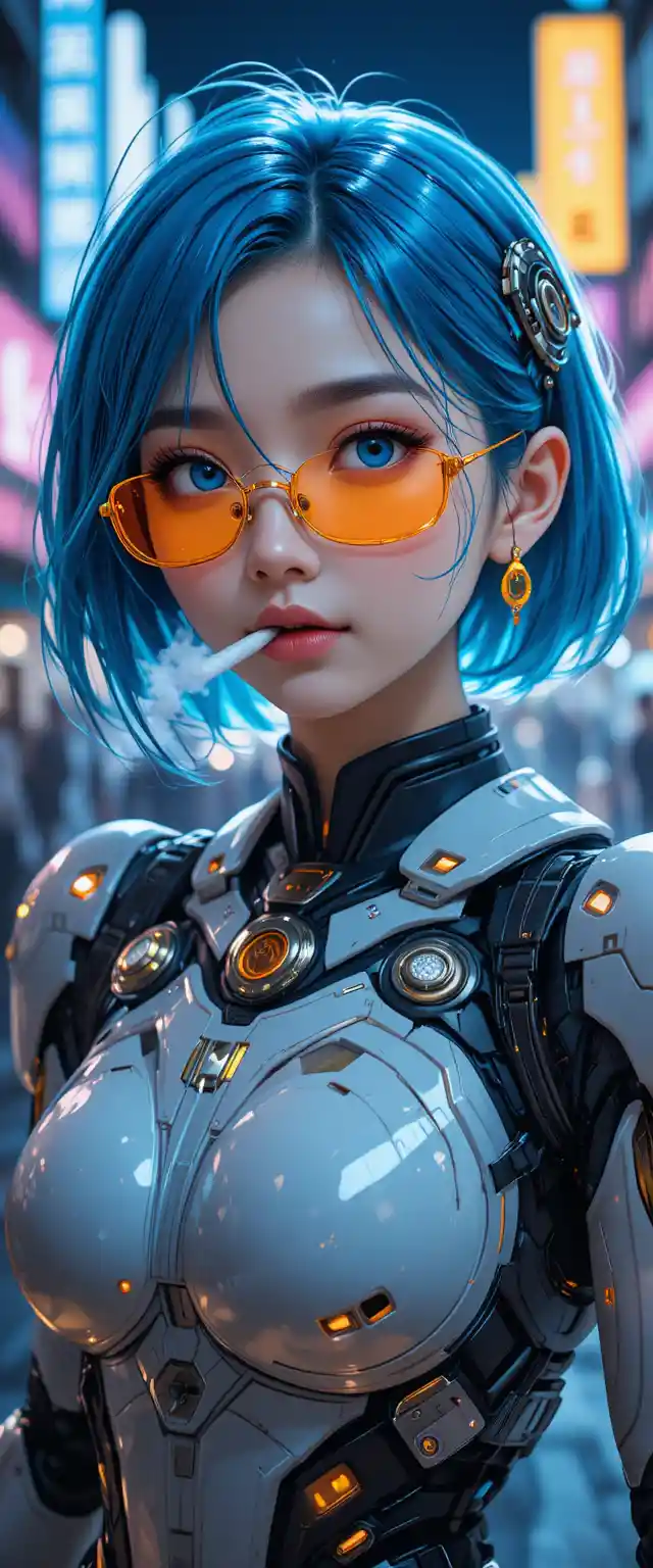 Cyberpunk anime girl with blue hair and mecha headset