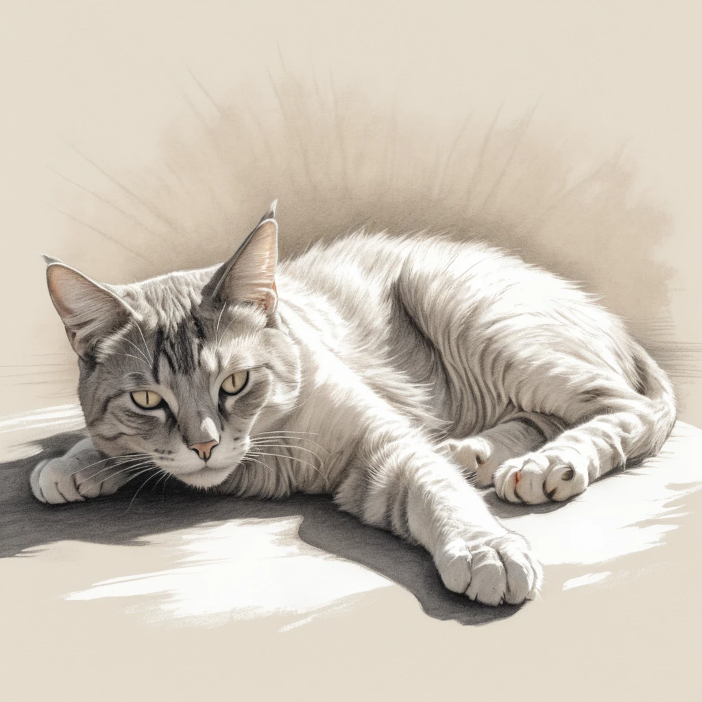 Relaxed Pencil Sketch Of A Cat Stretching On Its Side