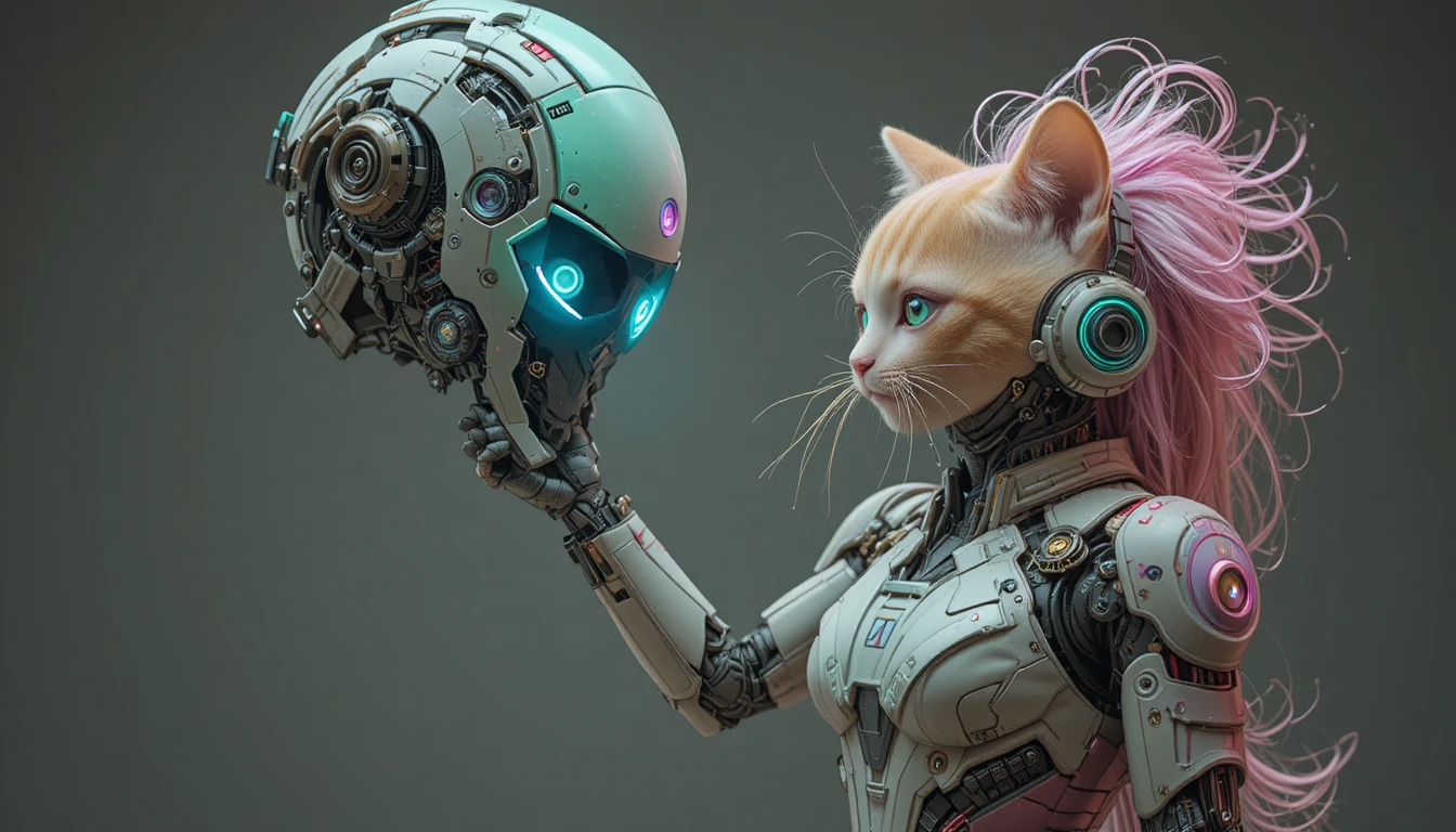 Kitten Reaching Toward A Giant Pastel Mecha Robot