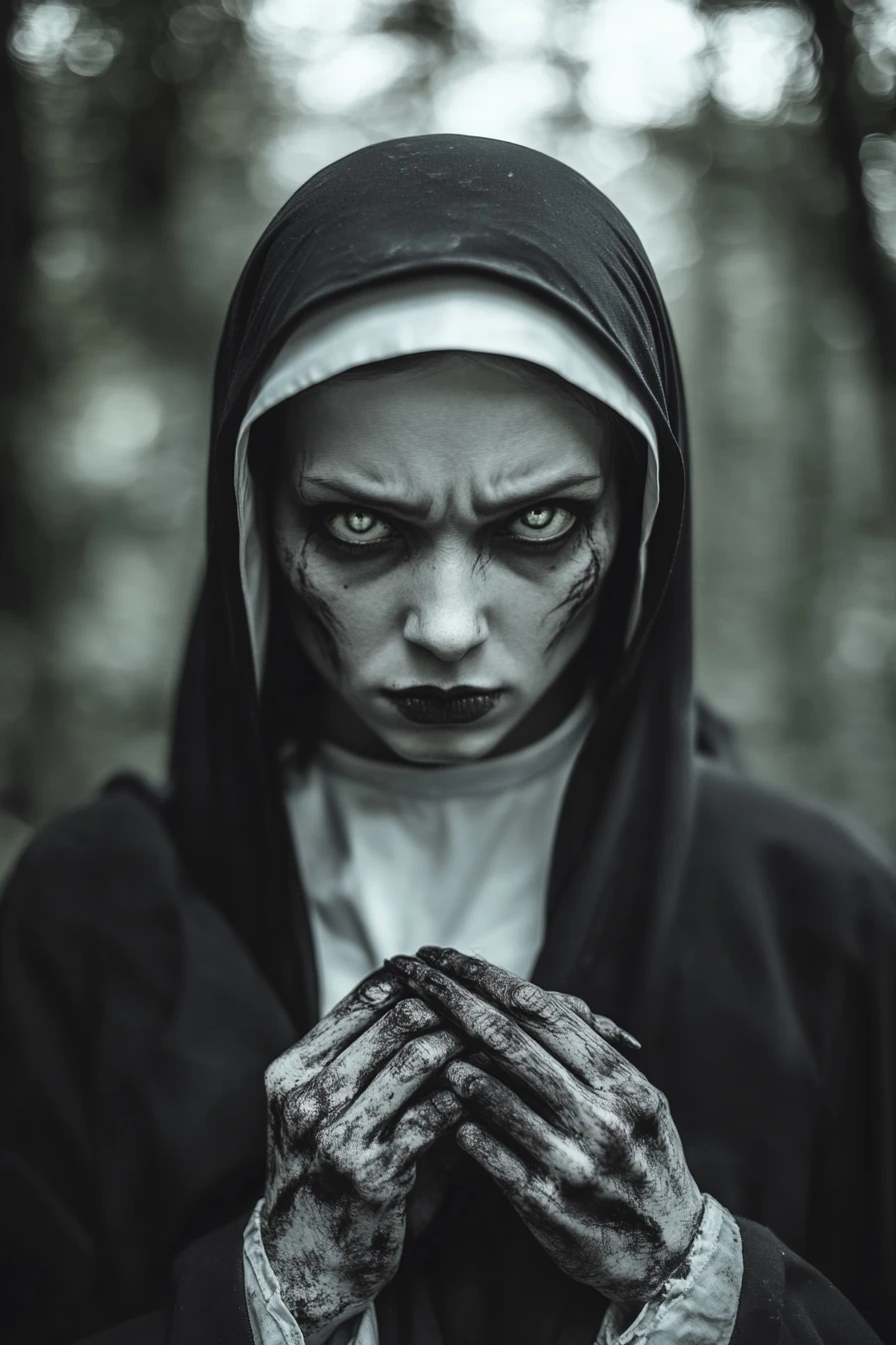 Creepy nun with cracked face in a dark forest